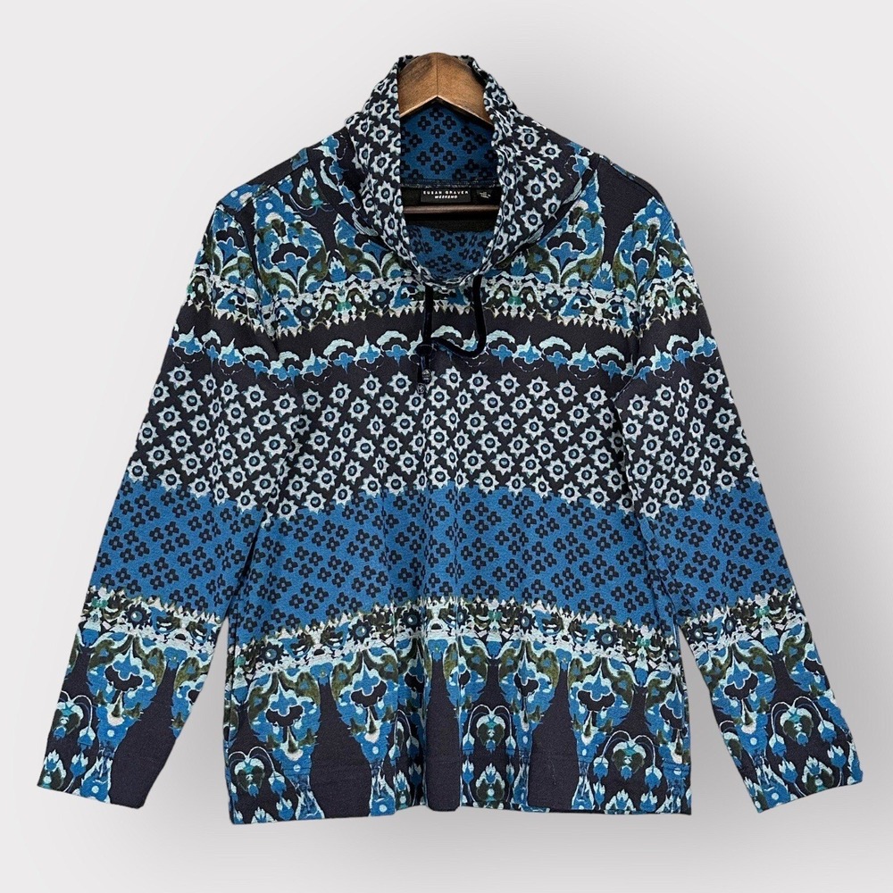 Susan Graver Weekend Blue Paisley Cowl Neck Pullover Top with Pockets A282112 M